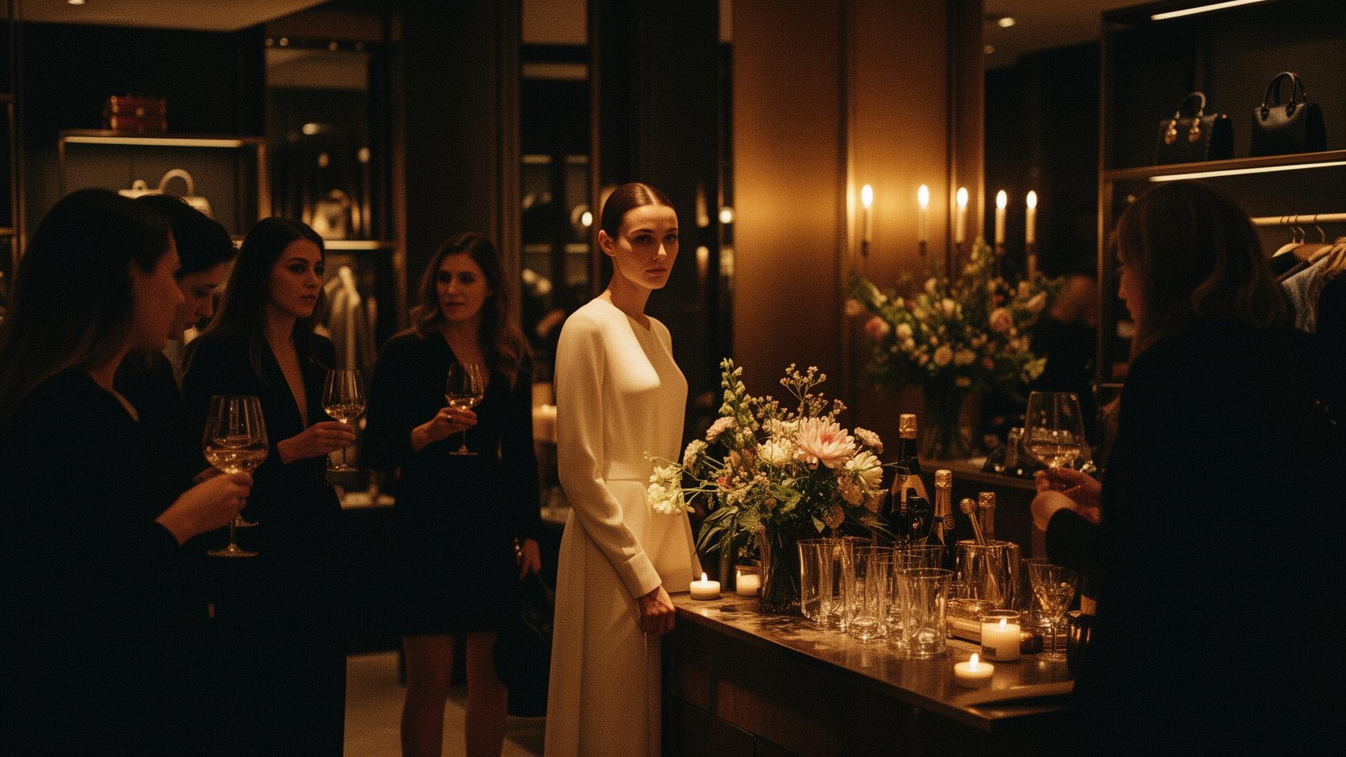 An after-hours luxury retail event with guests, candlelight, and florals